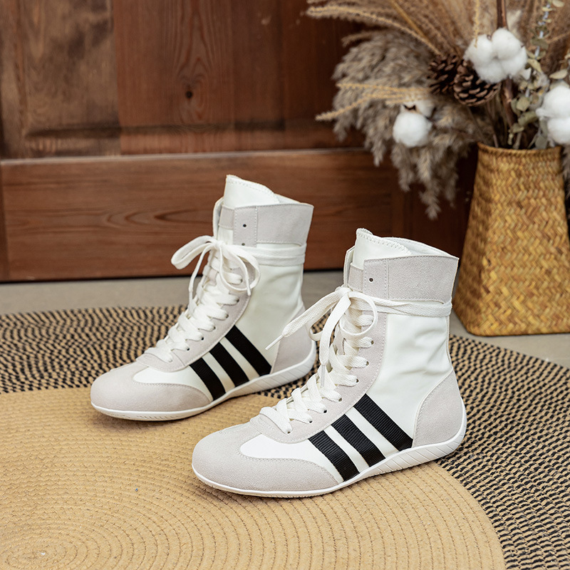 high-top height increasing insole boxing sneakers women's all-matching casual shoes leather round head trendy 2025 lace-up martin boots full figure