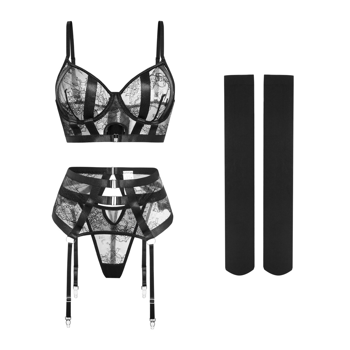 sexy lingerie set four-piece set with steel ring lace untra thin sexy seduction garter stockings bra set Specification drawing