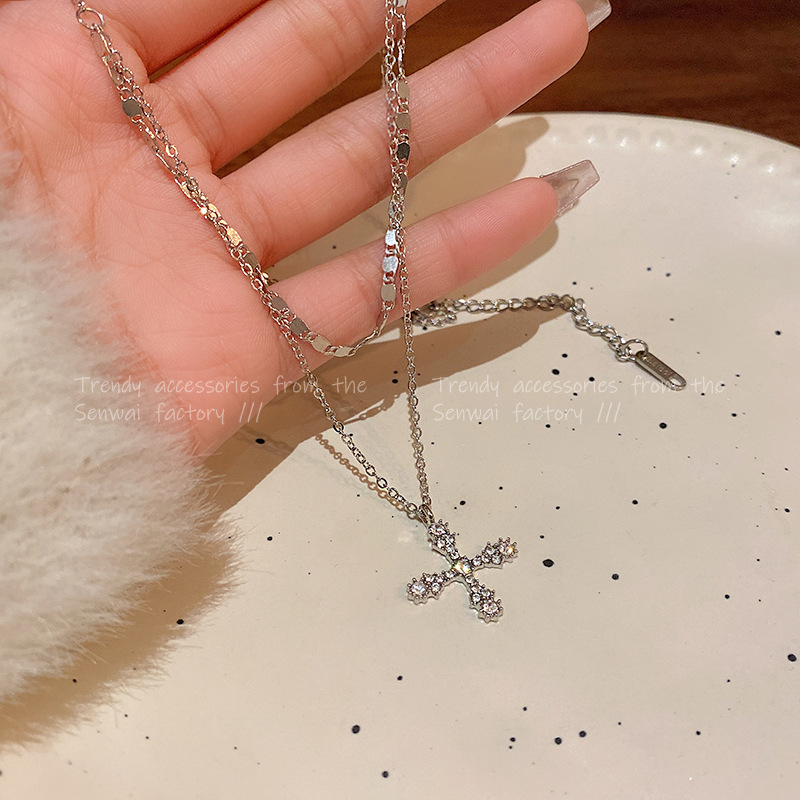 rhinestone cross double-layer necklace for women light luxury minority design hot girl clavicle chain trendy cool personality new ornament details Picture