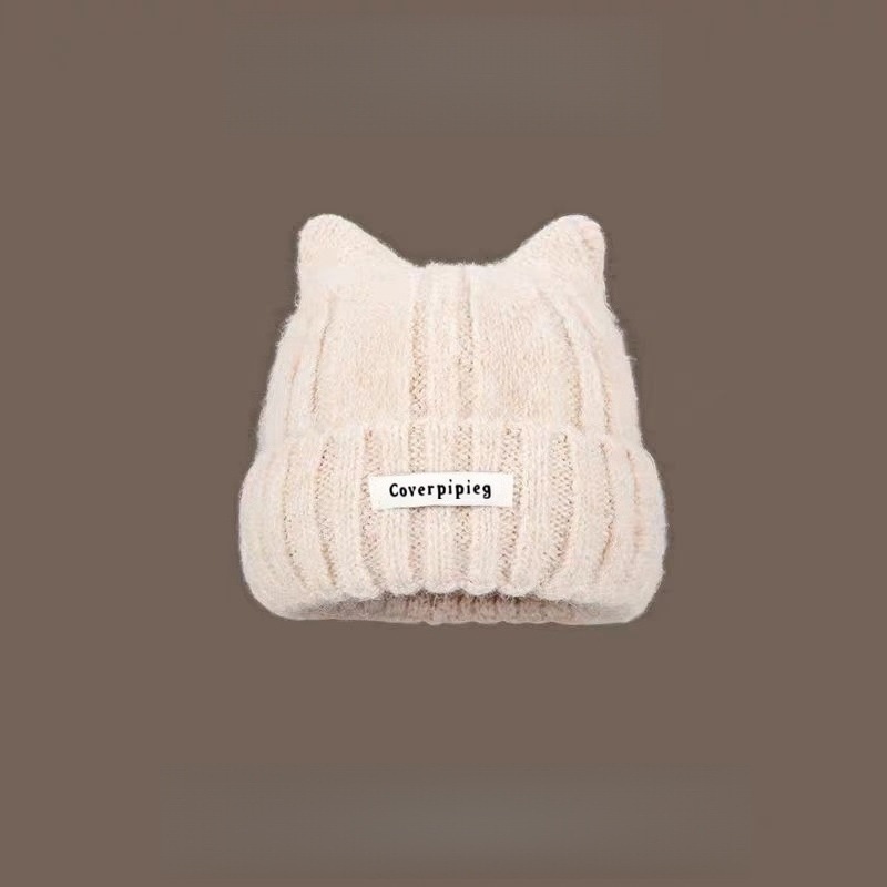 cute warm wool hat women's all-match face-showing kitten ears knitted hat fun warm-keeping and cold-proof couple earflaps cap Specification drawing