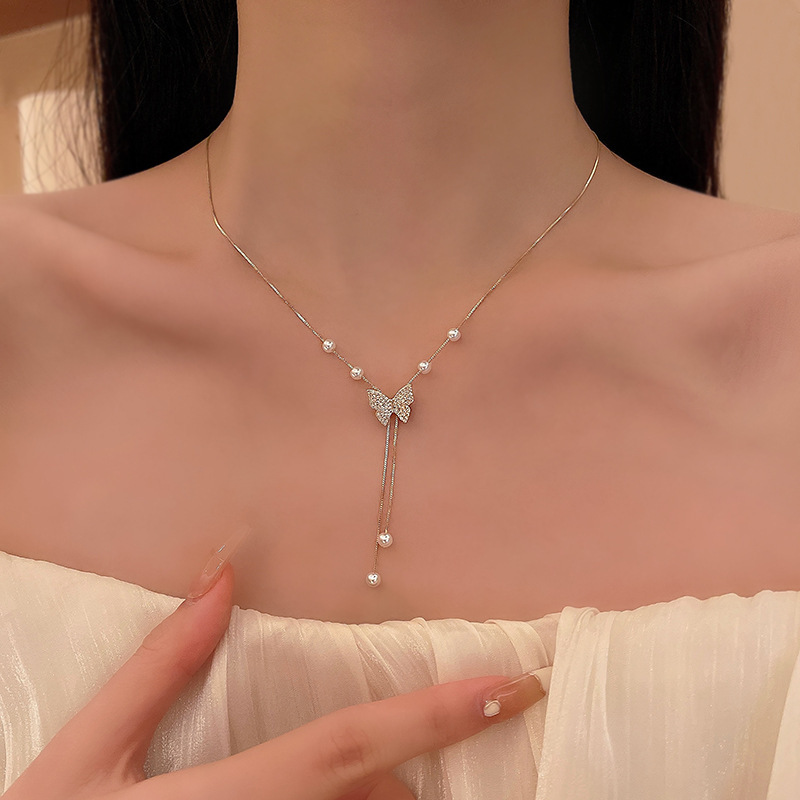 ins style vintage pearl necklace women's high sense minority simple titanium steel sweater chain all-match hot girl accessories wholesale Specification drawing