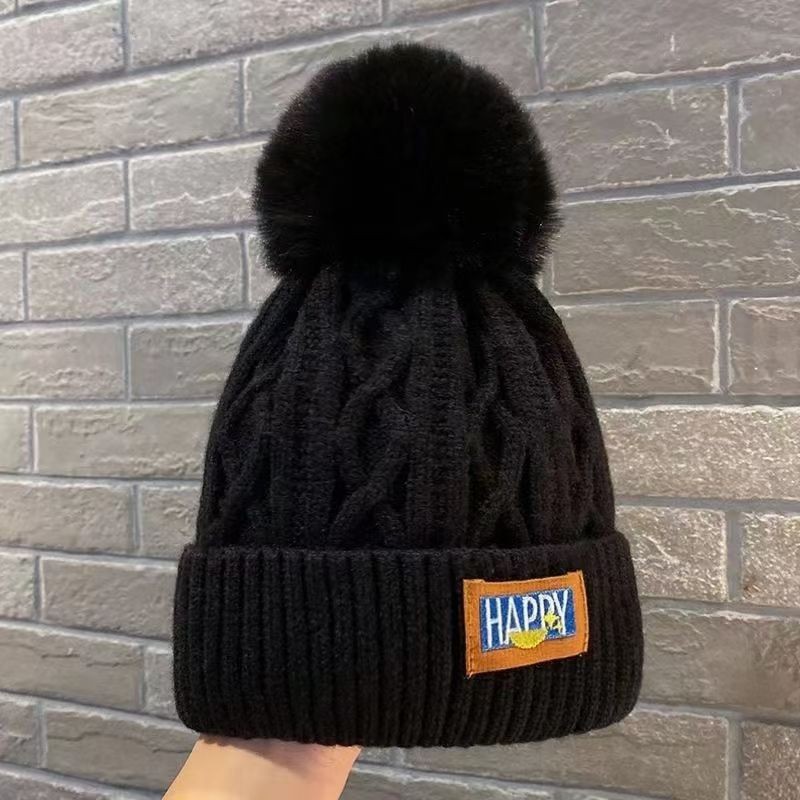 winter fleece-lined woolen hat thick warm northeast knitted hat women's big head circumference ear protection hair ball cap white ball cap Application Scenario