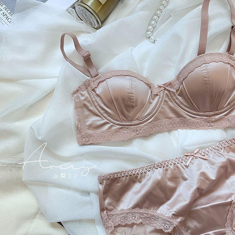 french entry lux satin surface underwear women's small chest soft underwire push up seamless half cup top support girl bra set details Picture