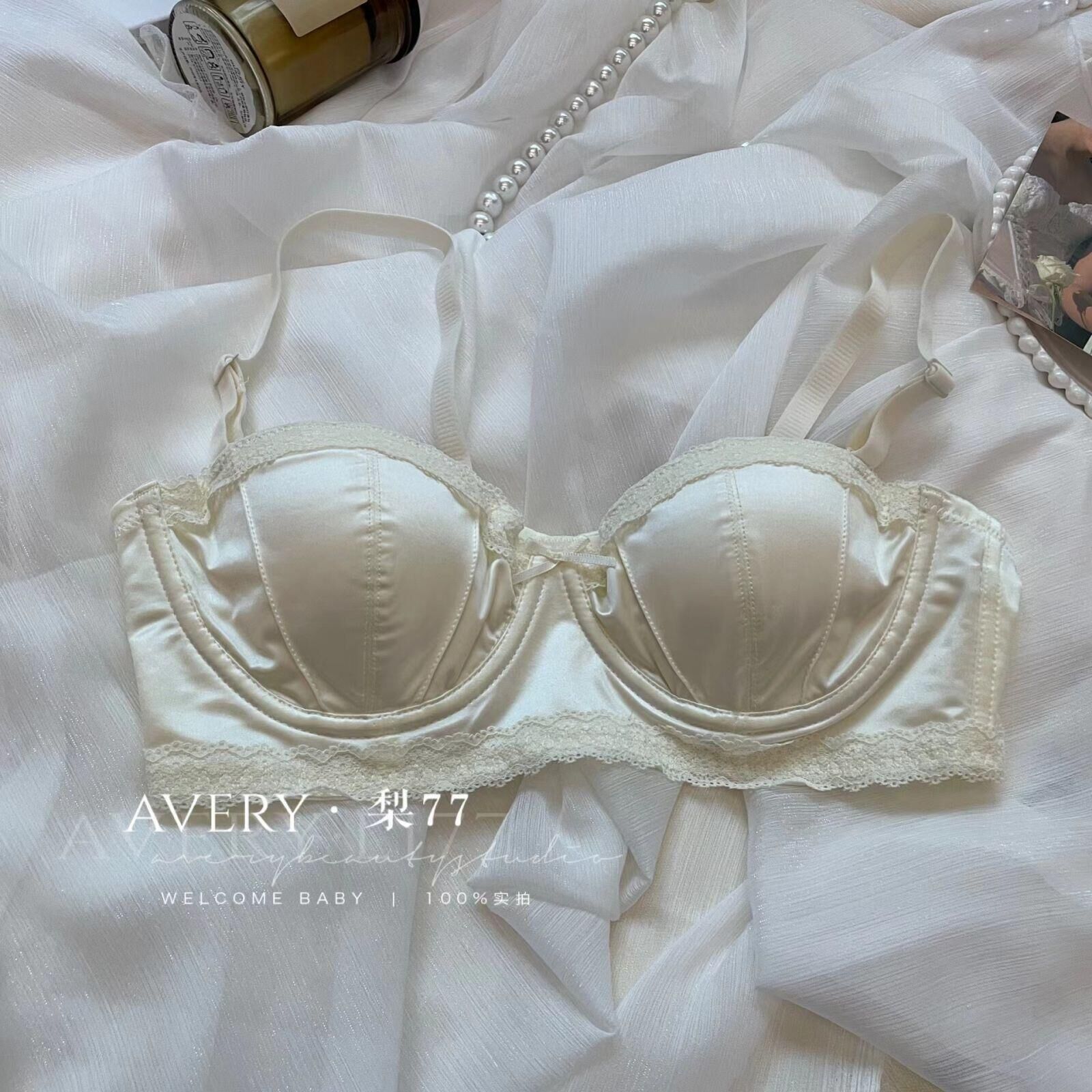 french entry lux satin surface underwear women's small chest soft underwire push up seamless half cup top support girl bra set Item Picture