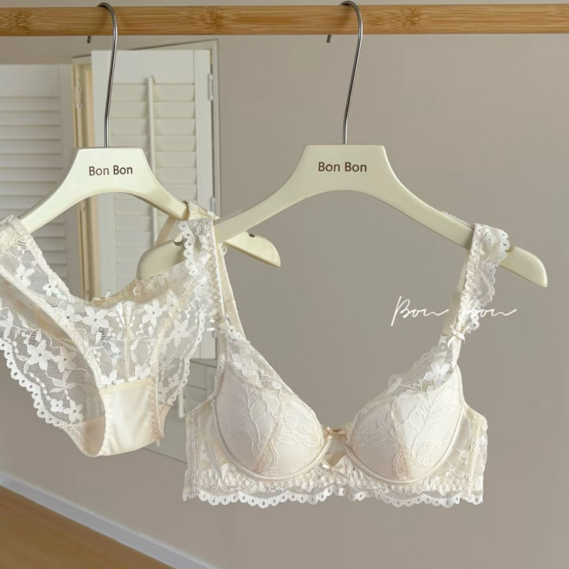 girl's private french lace underwear women's breasts contracting push up and anti-sagging soft steel ring bra set Specification drawing