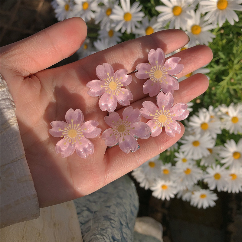 pink sweet cherry blossom barrettes side girl bangs cropped hair clip barrettes girl flower hairband back head female hair accessories full figure