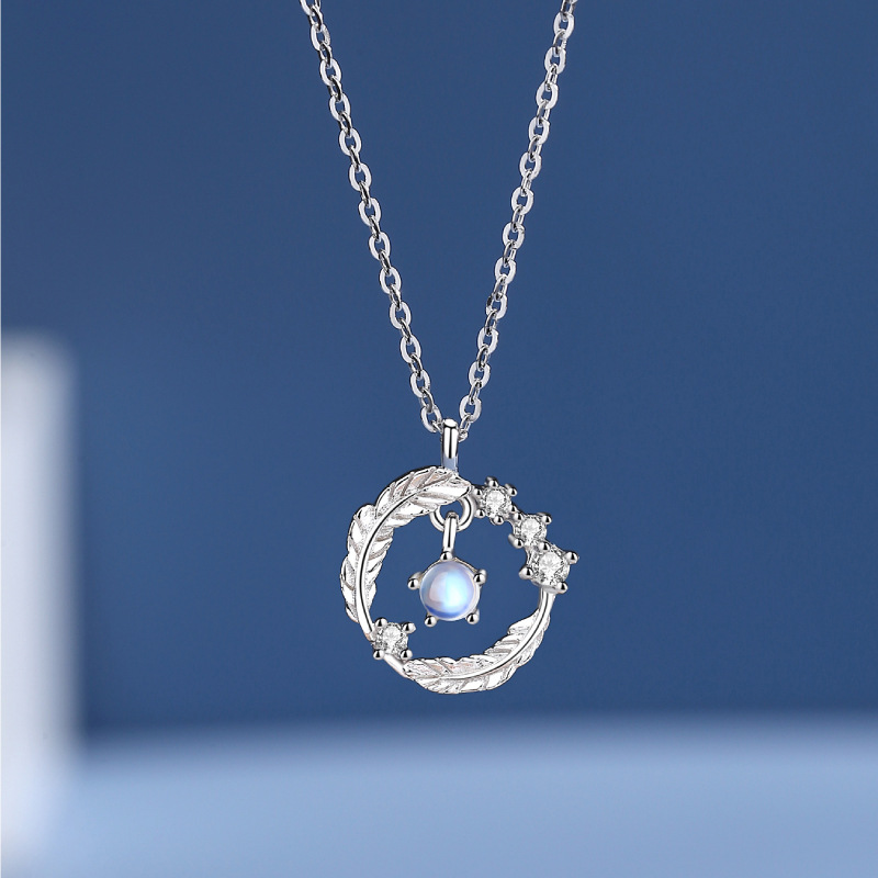 yu you accompany necklace female s925 sterling silver light luxury advanced diamond-embedded moonstone feather pendant clavicle chain for girlfriend full figure