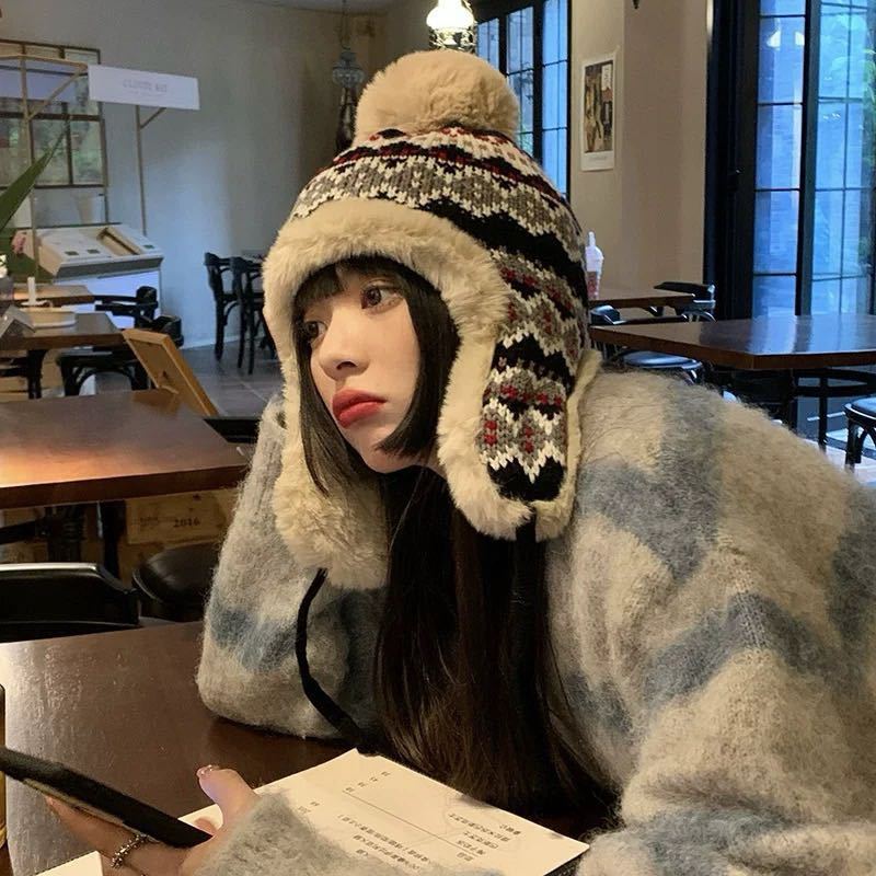 winter thickened velvet padded thermal lei feng cap women's knitted jacquard pattern earmuffs hat northeast cold proof all-matching casual Specification drawing
