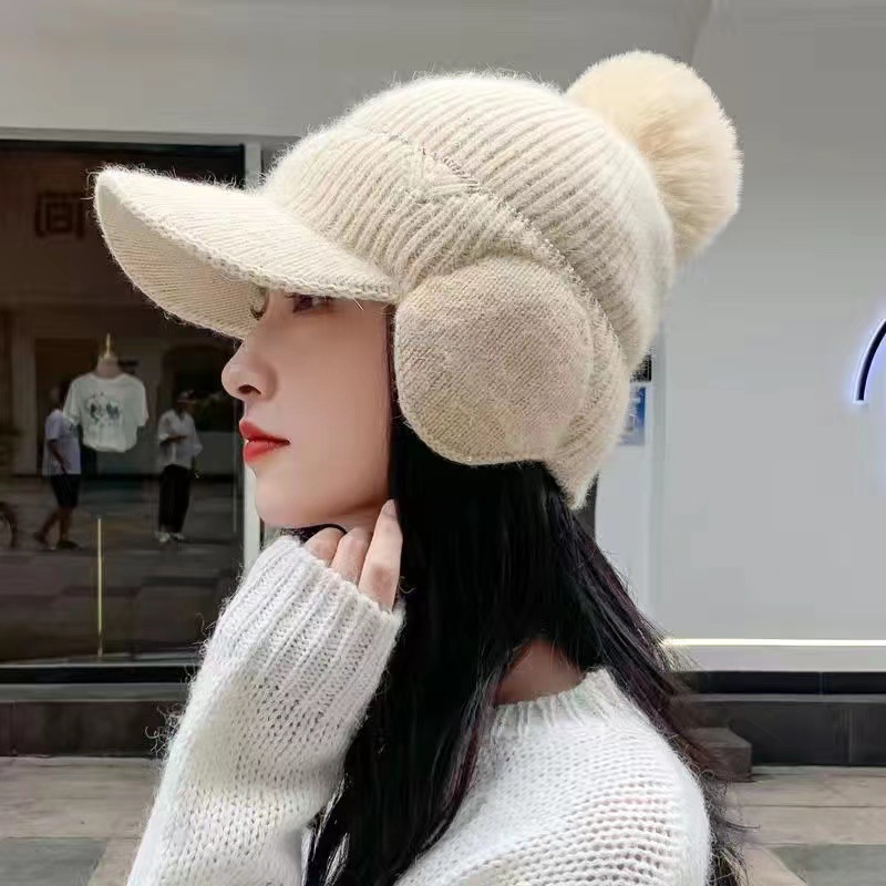 women's winter knitted hat neck warmer pullover cap fleece lined padded warm keeping wind-proof cap knitted earflaps cycling wool cap Specification drawing