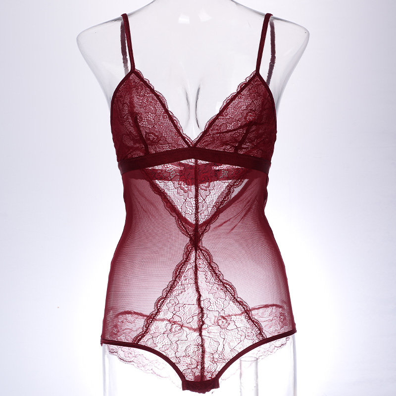 Sexy lingerie, halter lace jumpsuit, pajamas, lace deep V, beautiful back lingerie, underwear one-piece lace pajamas Item Picture