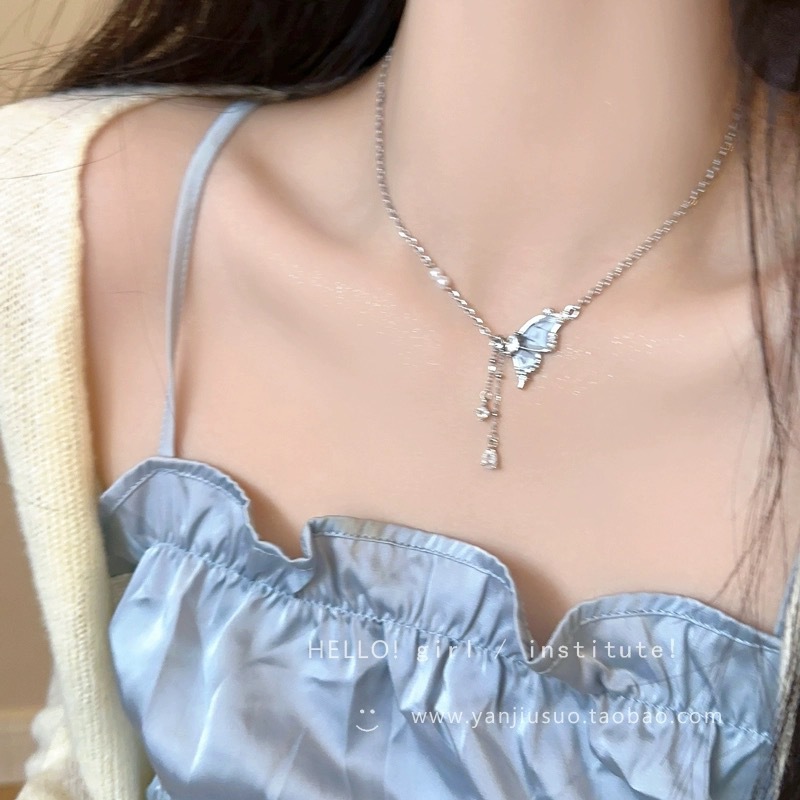 ins style butterfly zircon pearl necklace female sweet cool style niche high-grade clavicle chain all-match necklace ornament details Picture