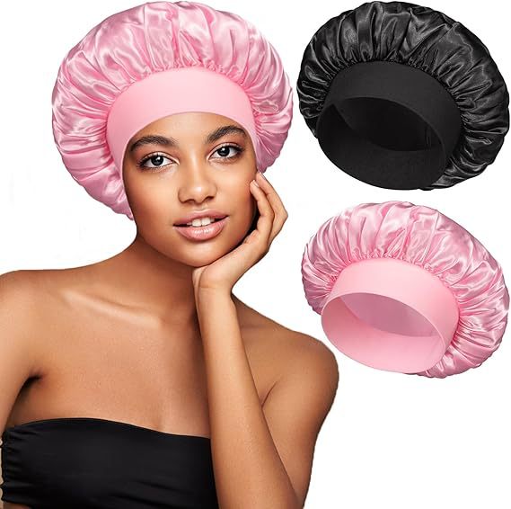 amazon women's wide-brimmed high-elastic hat satin nightcap hair shower cap high-end material satin shower cap full figure