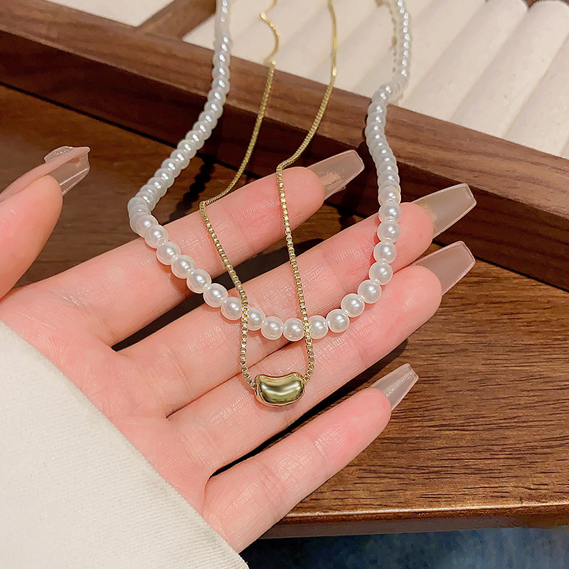 korean style popular double-layer pearl necklace women's light luxury minority high sense twin clavicle chain vintage necklace ornament details Picture