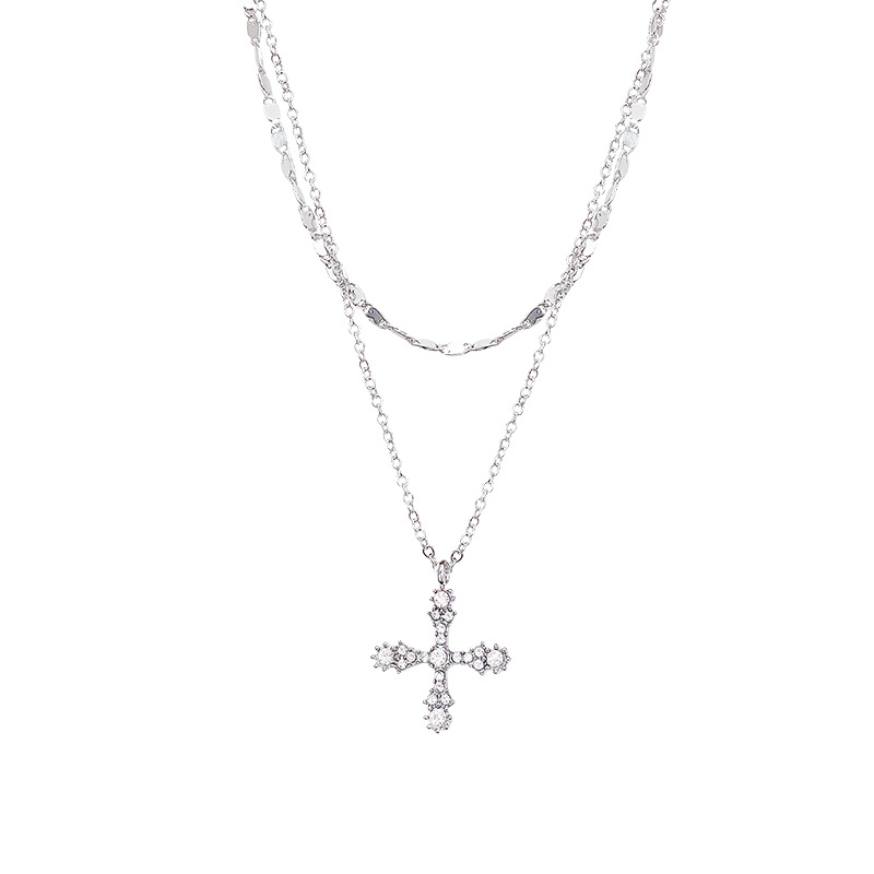 rhinestone cross double-layer necklace for women light luxury minority design hot girl clavicle chain trendy cool personality new ornament Item Picture