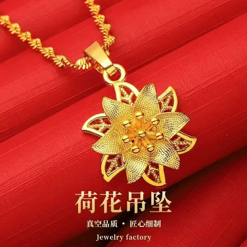 live streaming drainage simulated vietnam alluvial gold hollow lucky bag pendant necklace exquisite fashion flower blooming rich flower necklace for women details Picture