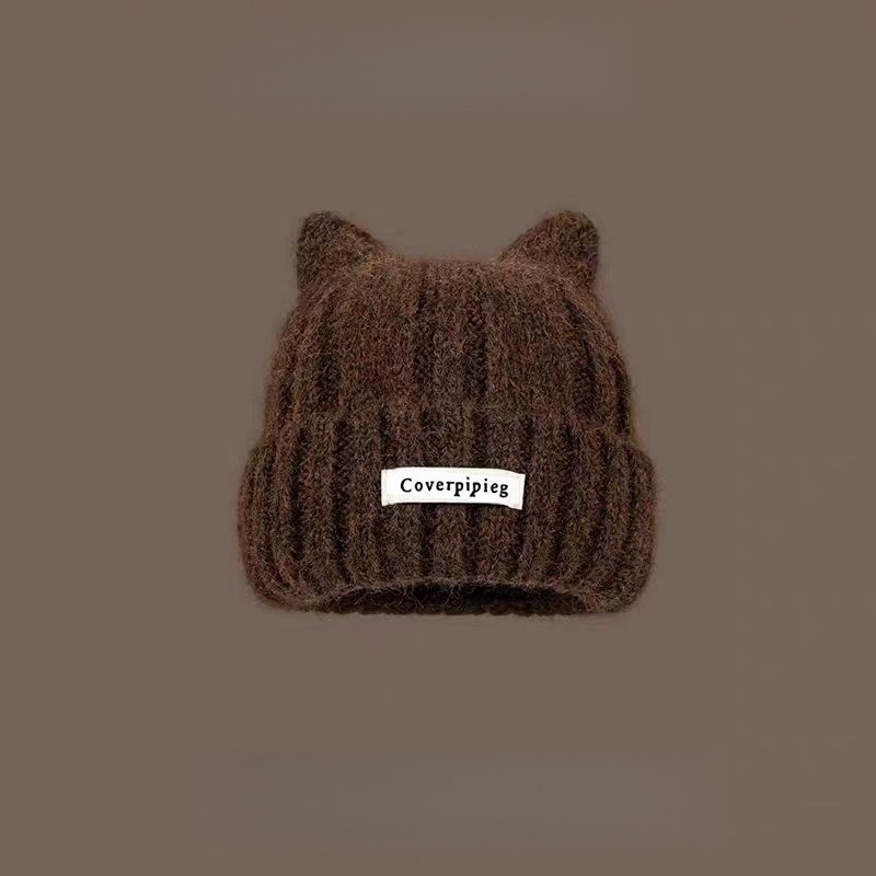 cute warm wool hat women's all-match face-showing kitten ears knitted hat fun warm-keeping and cold-proof couple earflaps cap full figure