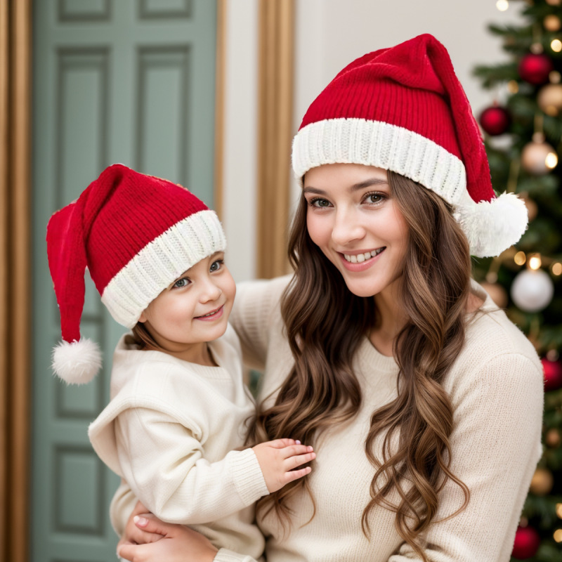 cross-border christmas thermal knitting fluffy ball cap winter red christmas hat holiday dress up parent-child wool hat Item Picture