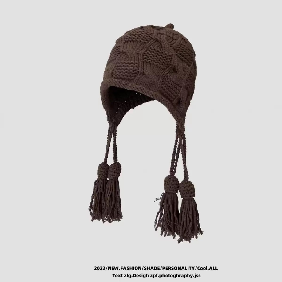 new year red hat christmas women's autumn and winter warm wool tassel sleeve cap handmade knitted earmuffs hat japanese style Item Picture