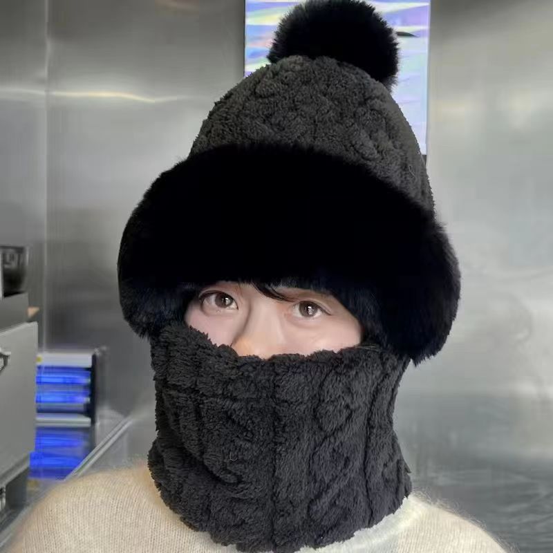 hat scarf integrated female winter 2025 new fleece-lined thickened windproof cycling cold-proof electric car warm pullover cap full figure