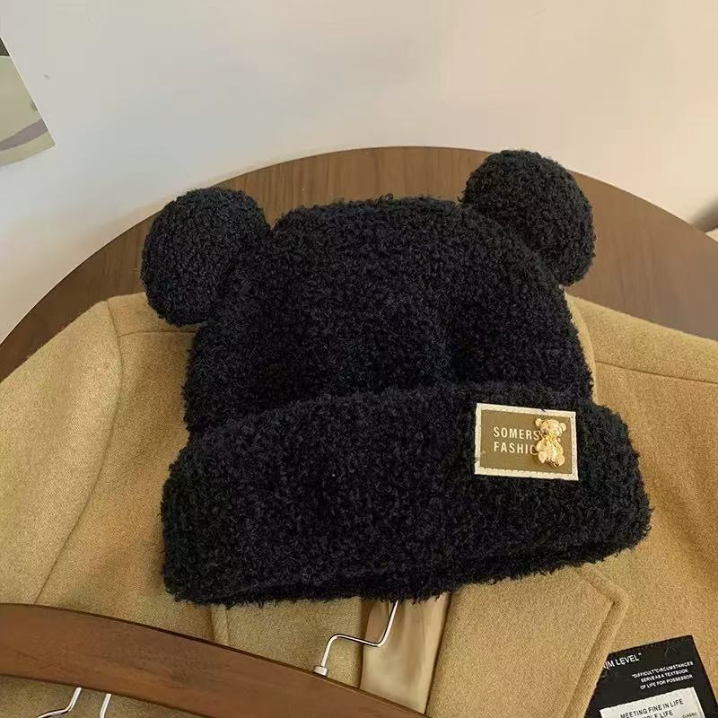 winter new women's plush earflaps warm thickened knitting hat cute bear face small big head circumference pile heap cap Specification drawing
