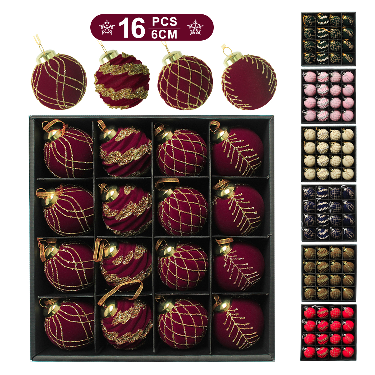 跨境新品圣诞树植绒球套装圣诞树挂件6cm-16pcs圣诞植绒球圣诞节圣诞氛围圣诞树配件白底实物图