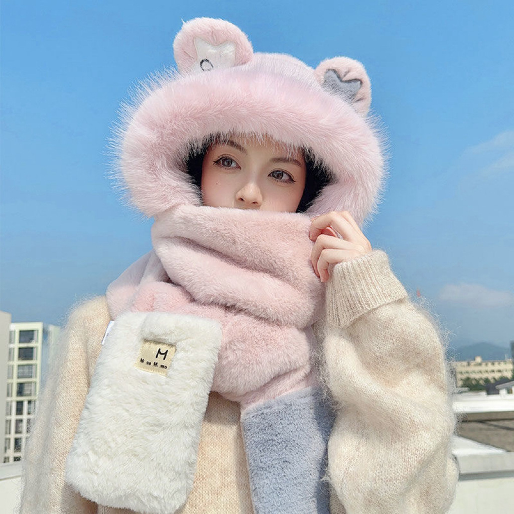 korean style hat women's autumn and winter hat scarf three-piece set cute rabbit ears all-matching thick warm scarf three-piece set full figure