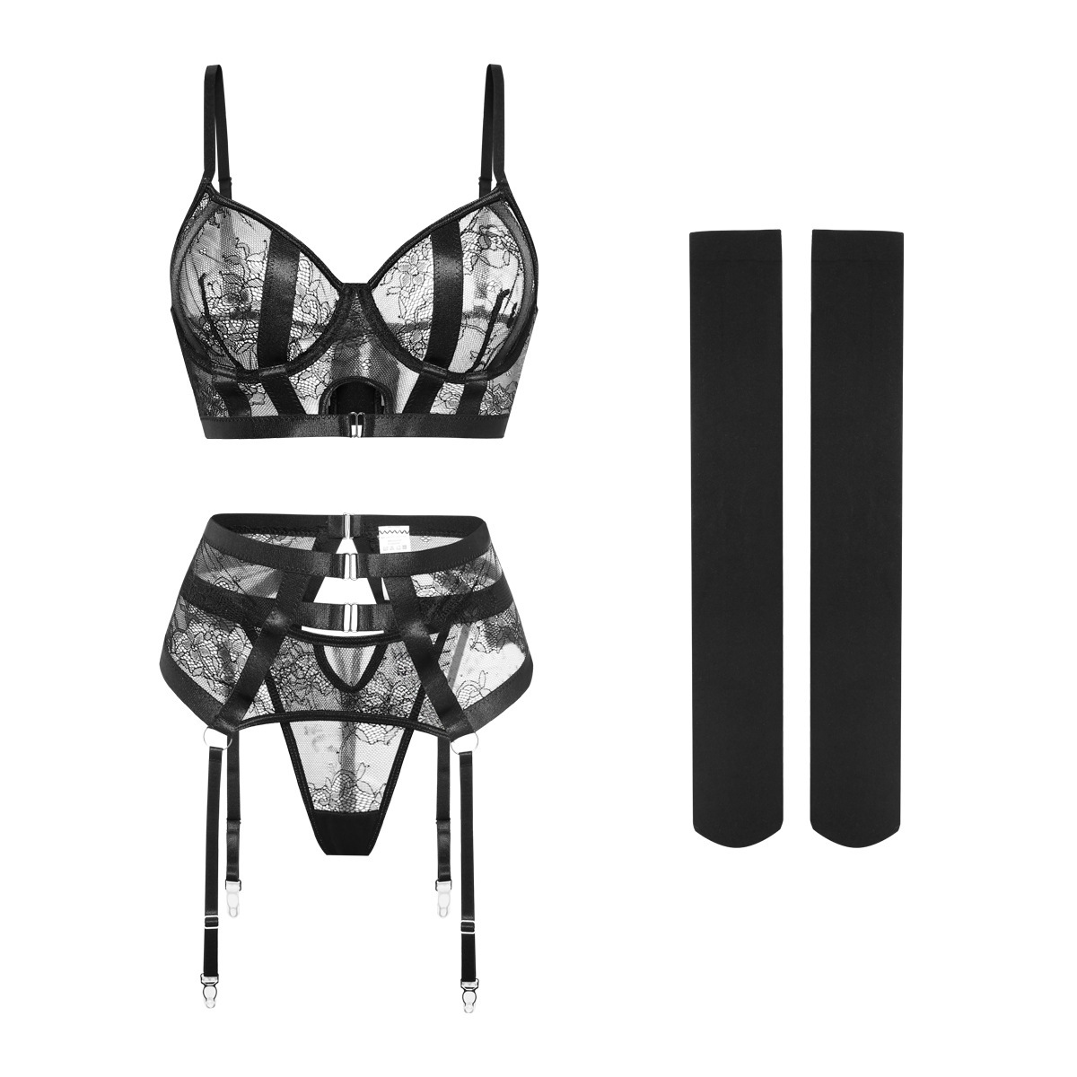 sexy lingerie set four-piece set with steel ring lace untra thin sexy seduction garter stockings bra set Item Picture