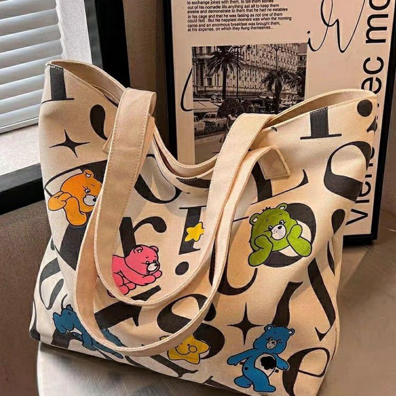student's canvas bag women's large capacity tote commuter bag all-matching printed mummy bag portable shoulder bag shopping bag women full figure