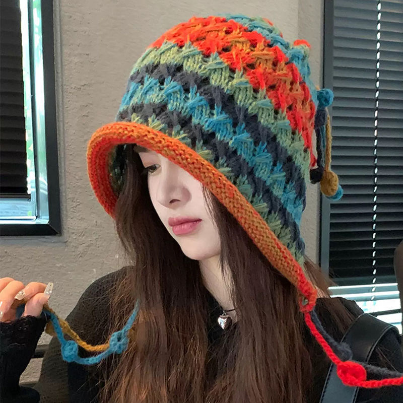 new year red hat christmas women's autumn and winter warm wool tassel sleeve cap handmade knitted earmuffs hat japanese style Specification drawing