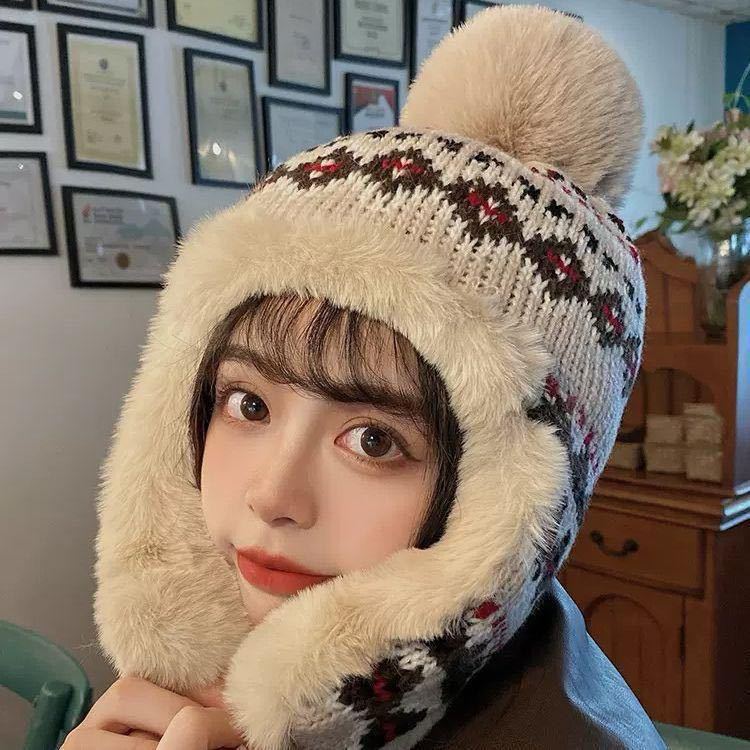 winter thickened velvet padded thermal lei feng cap women's knitted jacquard pattern earmuffs hat northeast cold proof all-matching casual details Picture