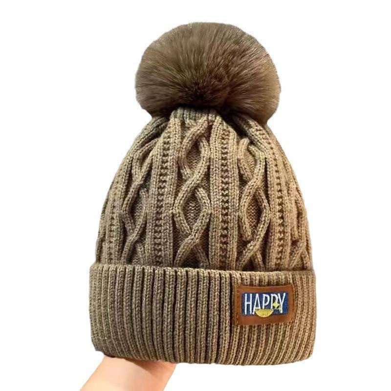 winter fleece-lined woolen hat thick warm northeast knitted hat women's big head circumference ear protection hair ball cap white ball cap details Picture