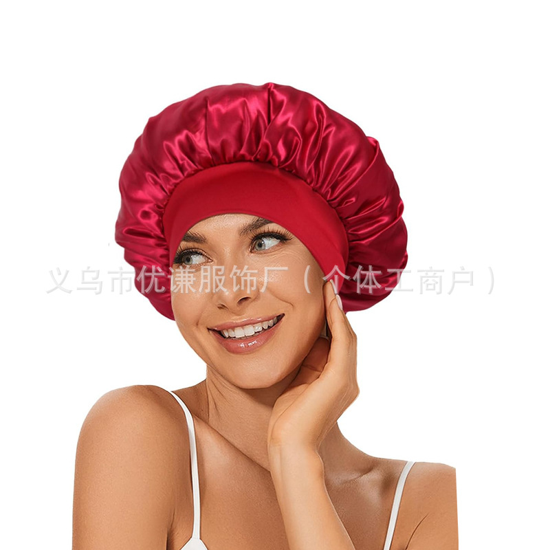 amazon women's wide-brimmed high-elastic hat satin nightcap hair shower cap high-end material satin shower cap Specification drawing