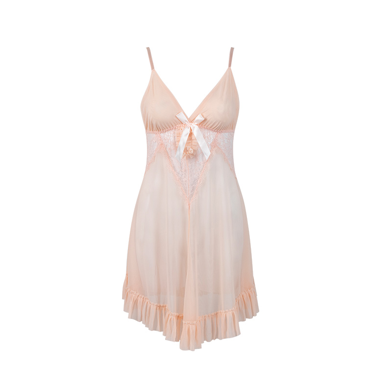 女士性感网纱吊带睡裙蕾丝半透视蝴蝶结吊带内衣蕾丝网纱拼接睡裙详情8