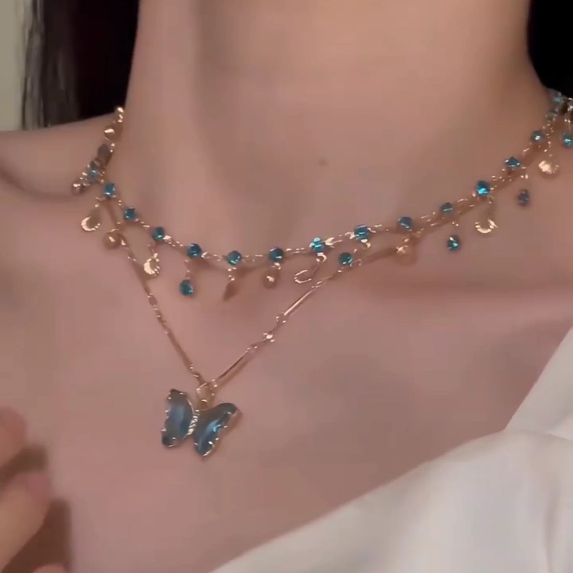 blue butterfly necklace for women 2024 new popular double layer twin clavicle chain accessories women Application Scenario