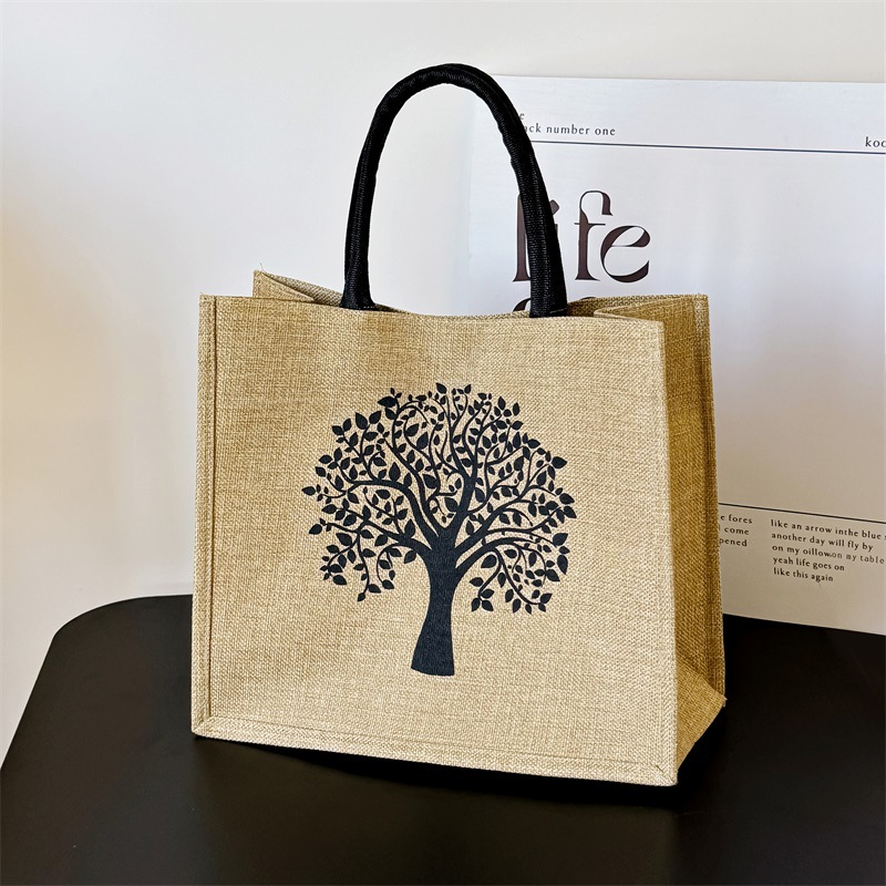popular foreign trade cross-border linen handbag women's natural linen simple shopping bag coarse linen hessian cloth bag tote bag details Picture