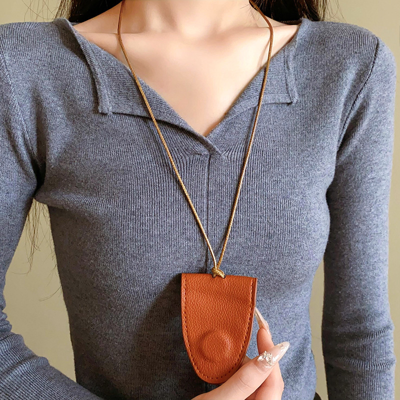 retro hong kong style artificial leather cord small bag necklace fashionable all-match crescent sweater chain out of the street high sense ornament women Item Picture