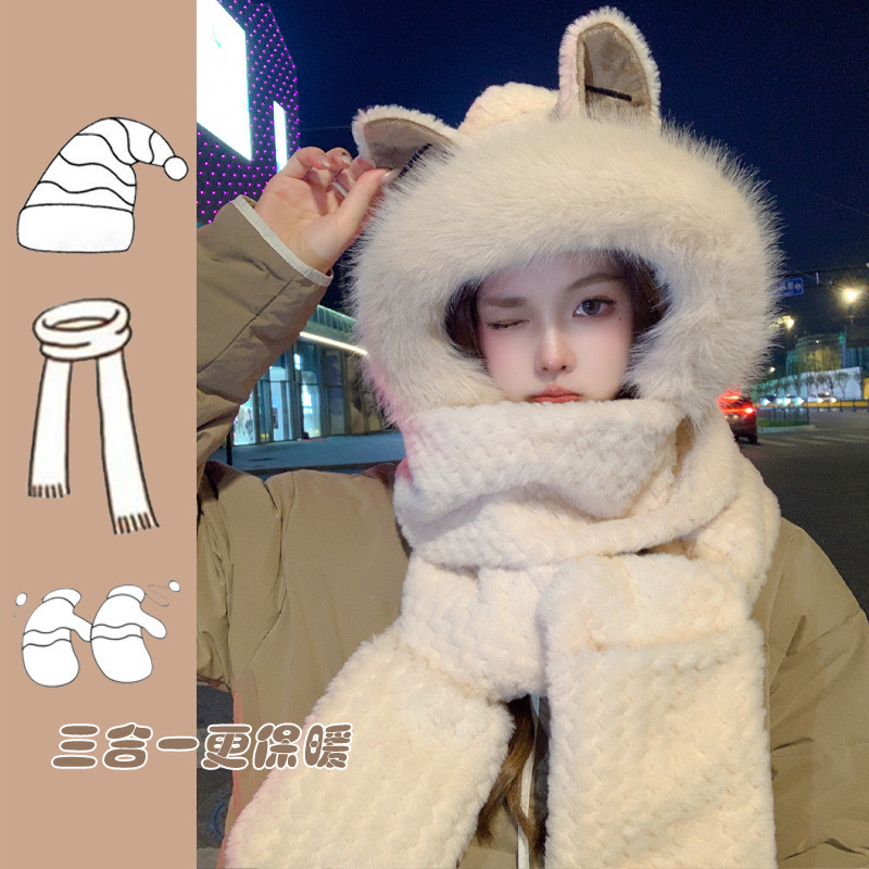 korean style hat women's autumn and winter hat scarf three-piece set cute rabbit ears all-matching thick warm scarf three-piece set details Picture