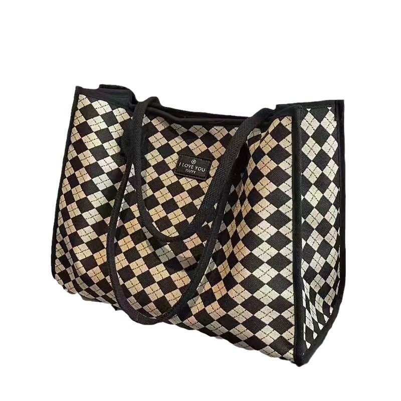 canvas bag women's large capacity check pattren all-match one-shoulder student class commuter handbag tote mummy bag Item Picture