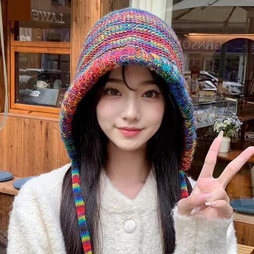 new year red hat christmas women's autumn and winter warm wool tassel sleeve cap handmade knitted earmuffs hat japanese style Application Scenario