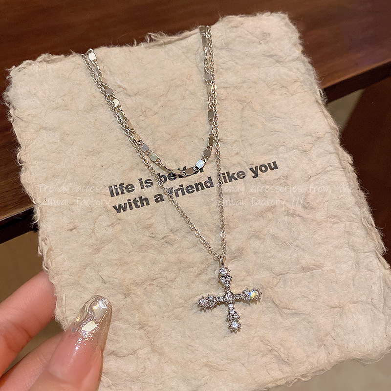 rhinestone cross double-layer necklace for women light luxury minority design hot girl clavicle chain trendy cool personality new ornament Application Scenario