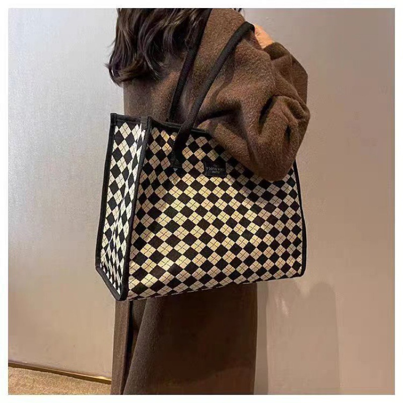 canvas bag women's large capacity check pattren all-match one-shoulder student class commuter handbag tote mummy bag Specification drawing