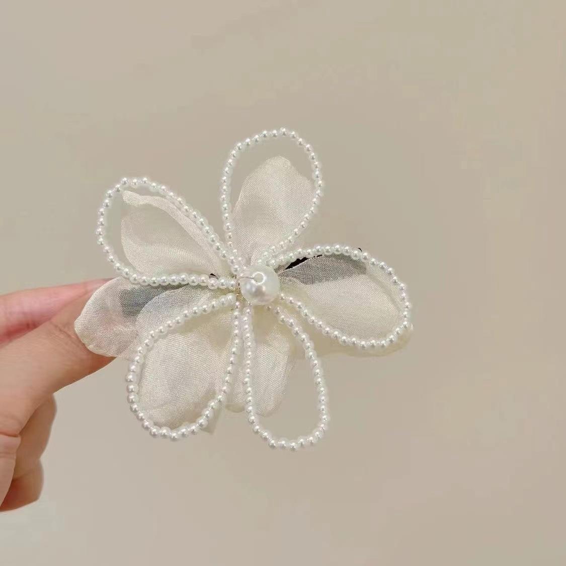 gentle sweet beige net yarn flowers barrettes 2024 new hair pin elegant pearl duckbill clip side clip headdress full figure