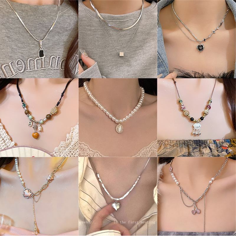 ins style hot pearl necklace women's high sense temperament wild titanium steel sweater chain niche personality ornament men details Picture
