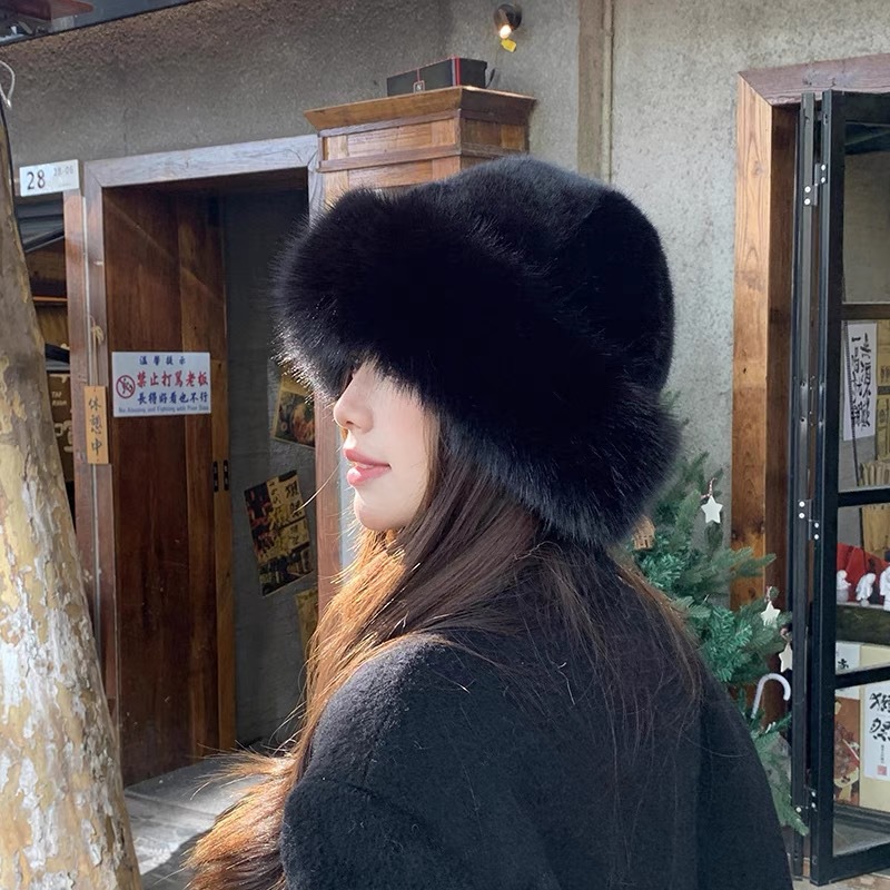 new plush mongolian cap women's thickened autumn and winter wind-proof and cold protection warm bucket hat mink-like ear protection bucket hat Specification drawing