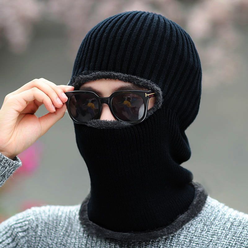 hat men's winter one-piece knitted hat pullover mask one-piece hat fleece-lined thick windproof cold warm ear protection cycling details Picture