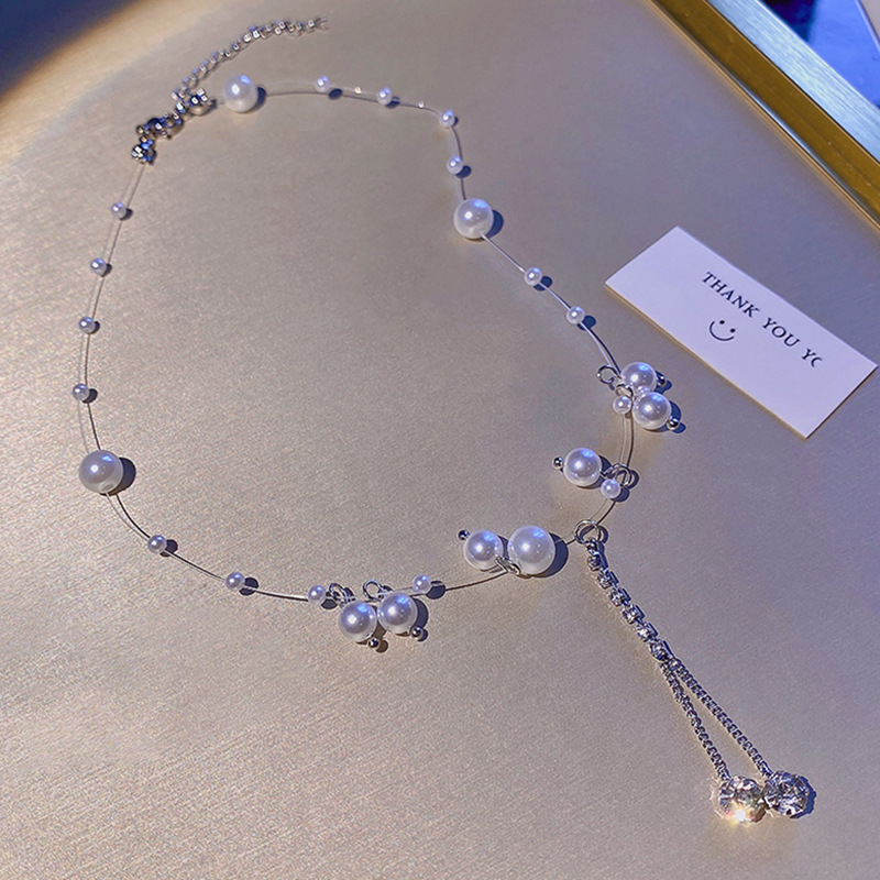 european and american super fairy zircon tassel necklace women's high sense vintage pearl fishing line clavicle chain all-match hot girl jewelry full figure
