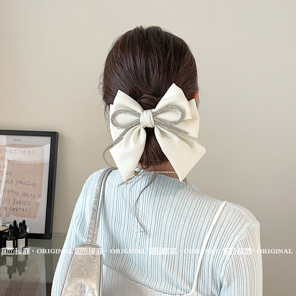 韩国水钻蝴蝶结飘带发夹女亮丝高级感轻奢风发饰缎面百搭发卡头饰