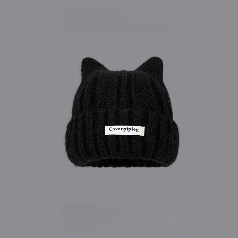 cute warm wool hat women's all-match face-showing kitten ears knitted hat fun warm-keeping and cold-proof couple earflaps cap details Picture