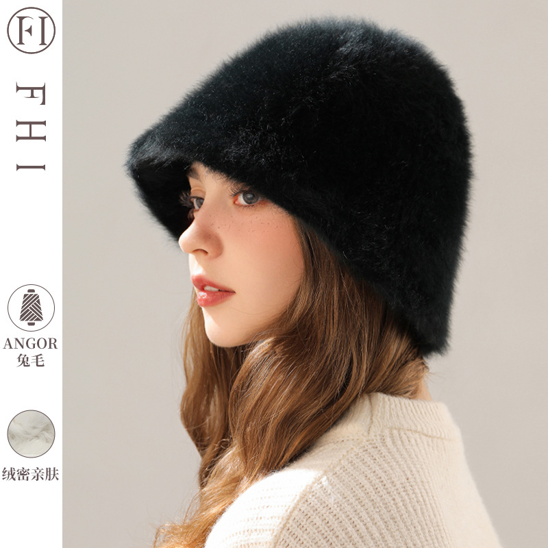 women's winter big head circumference real rabbit hair plush hat autumn and winter bucket hat cover face show face small bucket bucket hat Specification drawing