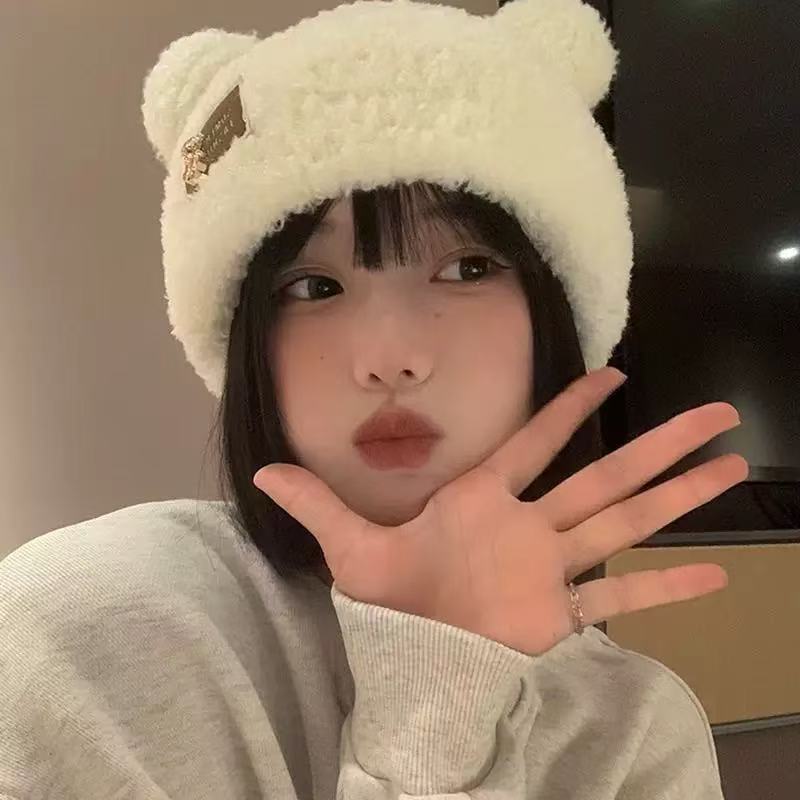 winter new women's plush earflaps warm thickened knitting hat cute bear face small big head circumference pile heap cap full figure
